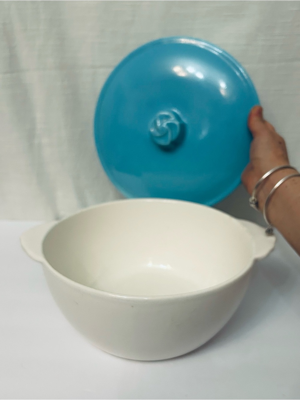Vintage Circa 1950's 1960's White Mixing Casserole Bowl with Blue Lid